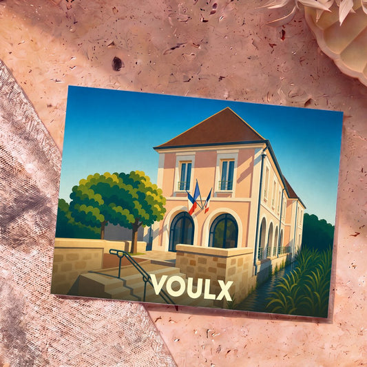 Carte postale souvenir de la ville de Voulx illustrant sa mairie au bord de l'eau dans un style graphique épuré.