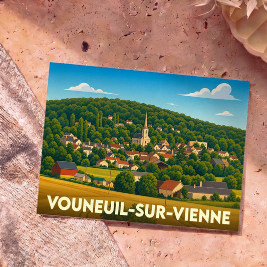 Carte postale souvenir de Vouneuil-sur-Vienne illustrant le village niché dans une colline boisée.
