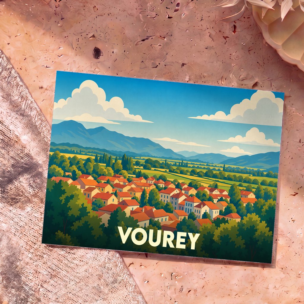 Carte postale souvenir de la ville de Vourey avec une illustration stylisée d'un paysage de montagne et de maisons aux toits rouges.