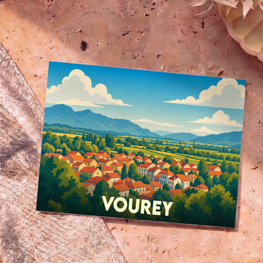 Carte postale souvenir de la ville de Vourey avec une illustration stylisée d'un village niché dans une vallée montagneuse.