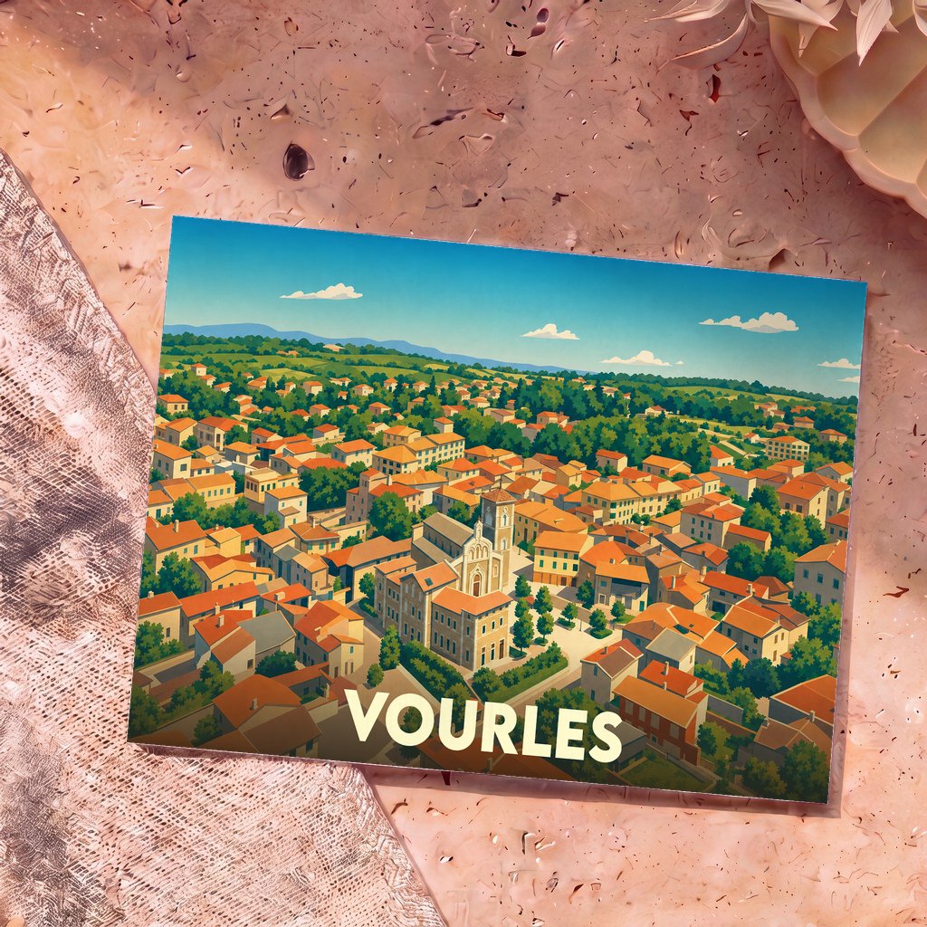 Carte postale souvenir de la ville de Vourles illustrant une vue aérienne stylisée du village et de son église.
