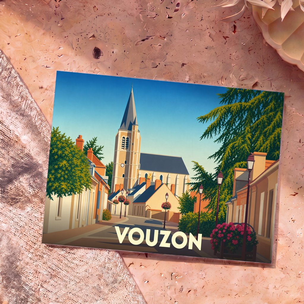 Carte postale souvenir de la ville de Vouzon avec une illustration stylisée de son église et de ses rues pittoresques.