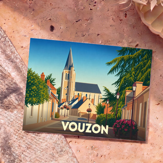 Carte postale souvenir de la ville de Vouzon avec une illustration stylisée de son église et de ses rues pittoresques.