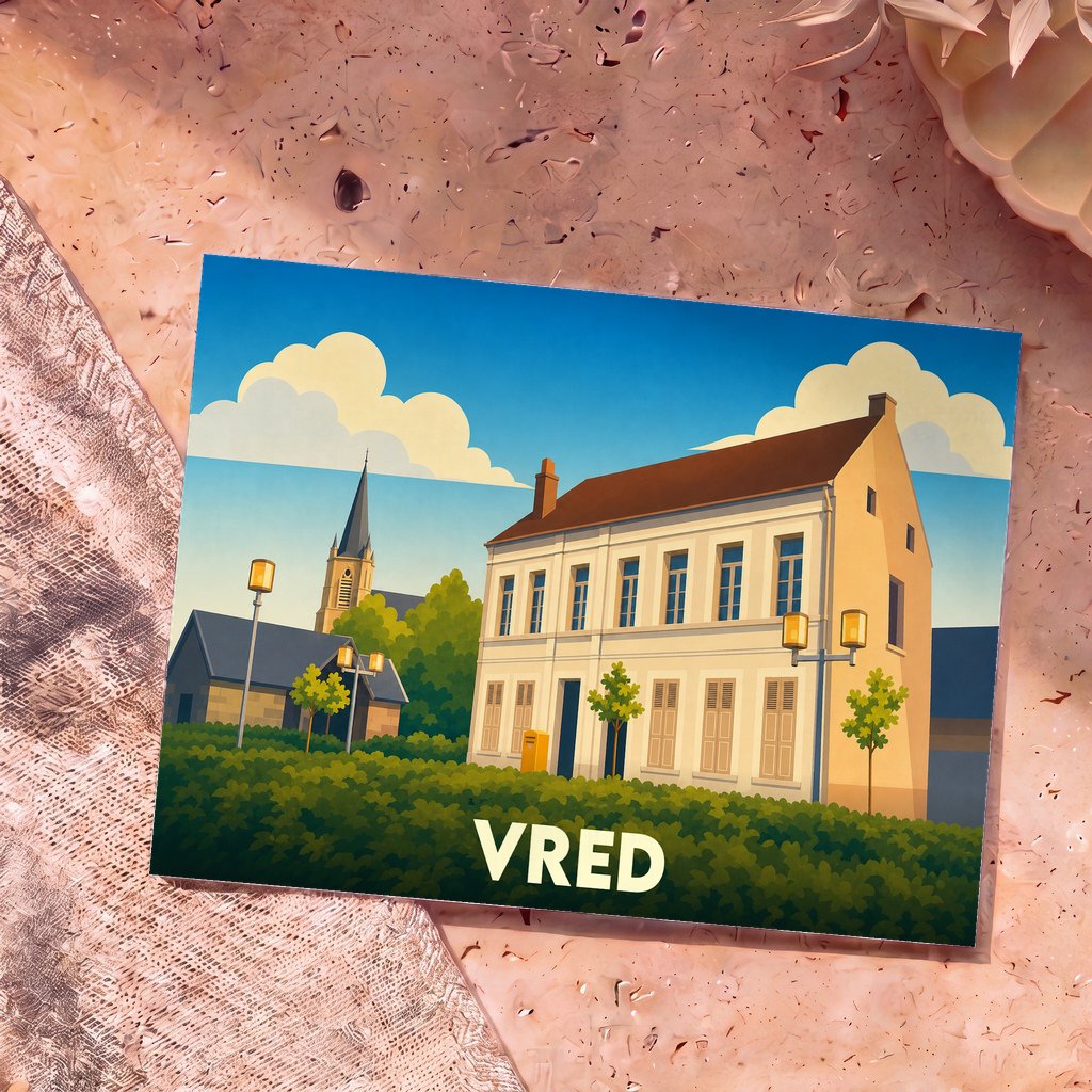 Carte postale souvenir de la ville de Vred avec une illustration stylisée d'un bâtiment et d'une église.