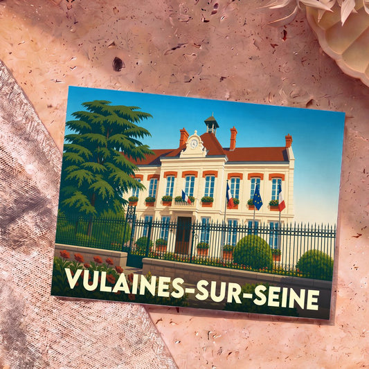Carte postale souvenir de la ville de Vulaines-sur-Seine avec une illustration stylisée de la mairie.