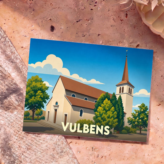 Carte postale souvenir de la ville de Vulbens avec une illustration stylisée de son église.