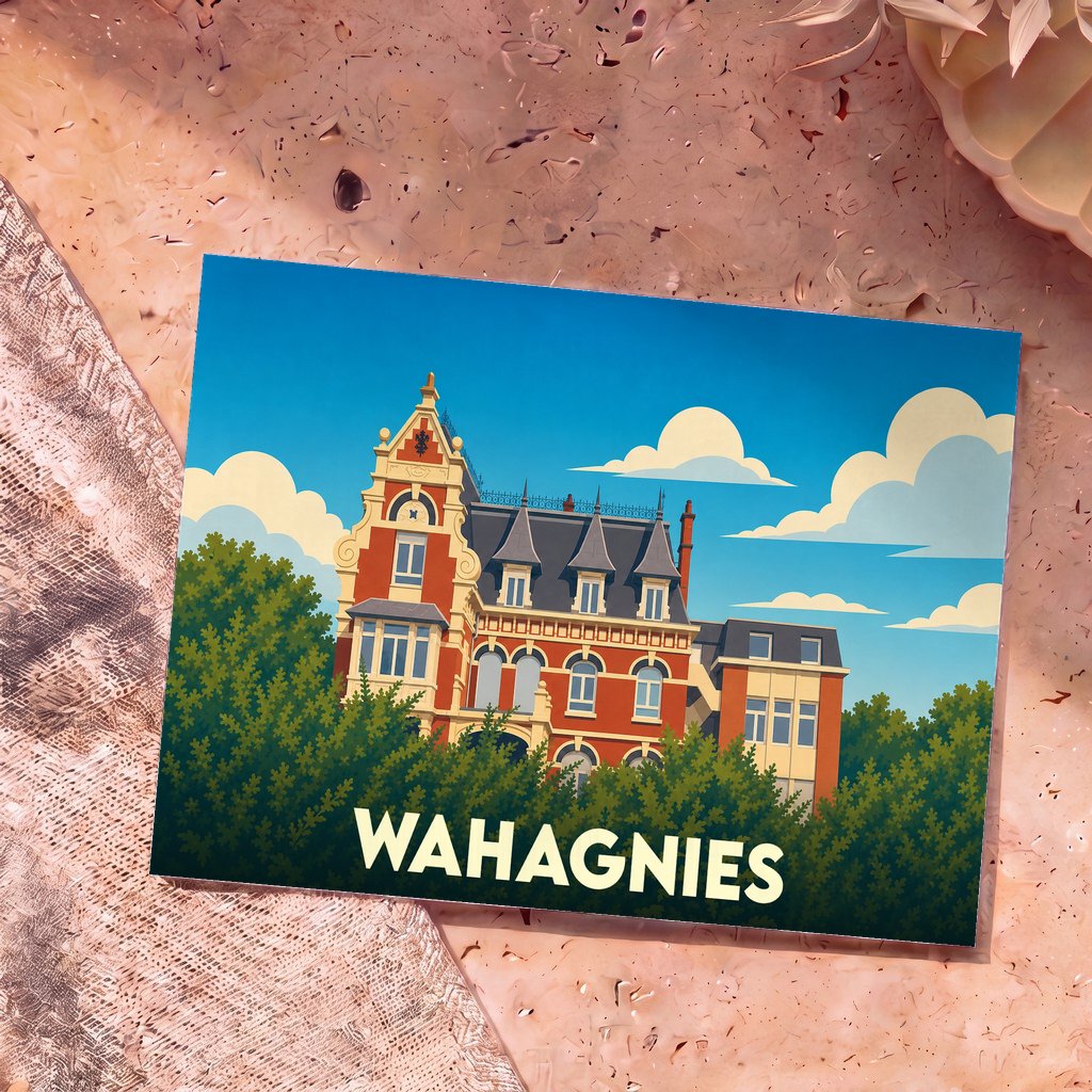 Carte postale souvenir de la ville de Wahagnies illustrant un château en briques rouges dans un style graphique épuré.