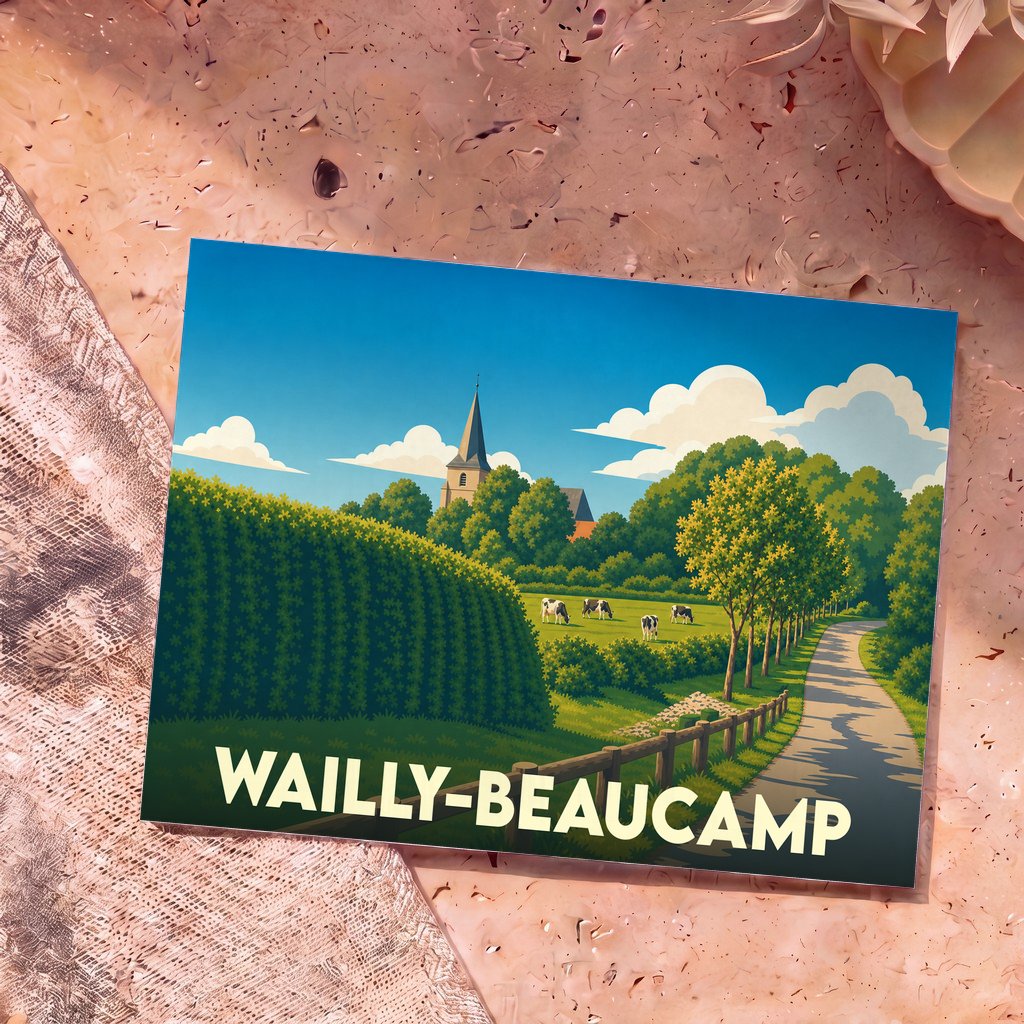 Carte postale souvenir de la ville de Wailly-Beaucamp avec une illustration champêtre stylisée.