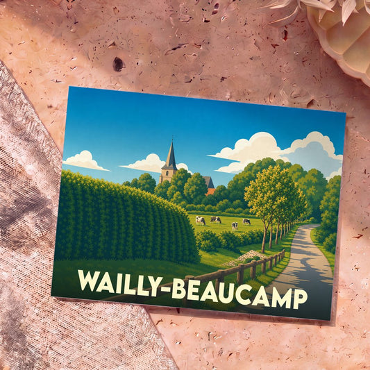 Carte postale souvenir de la ville de Wailly-Beaucamp avec une illustration champêtre stylisée.