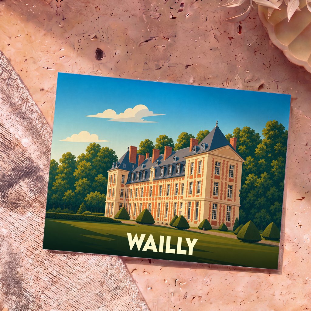 Carte postale souvenir de la ville de Wailly illustrant son château et ses jardins dans un style graphique épuré.