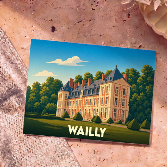 Carte postale souvenir de la ville de Wailly illustrant son château et ses jardins dans un style graphique épuré.