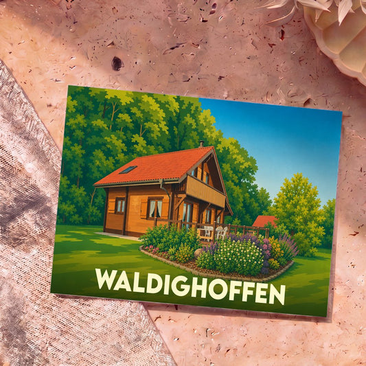 Carte postale souvenir de la ville de Waldighoffen avec l'illustration stylisée d'un chalet en bois fleuri.