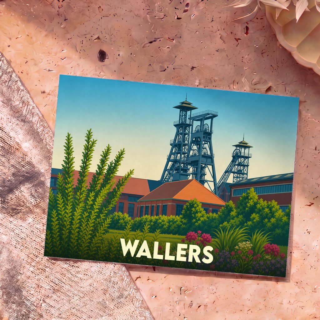 Carte postale souvenir de la ville de Wallers avec une illustration stylisée de son ancien site minier.