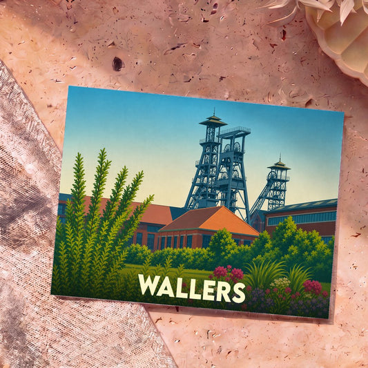 Carte postale souvenir de la ville de Wallers illustrant ses chevalements de mine emblématiques dans un style graphique épuré.