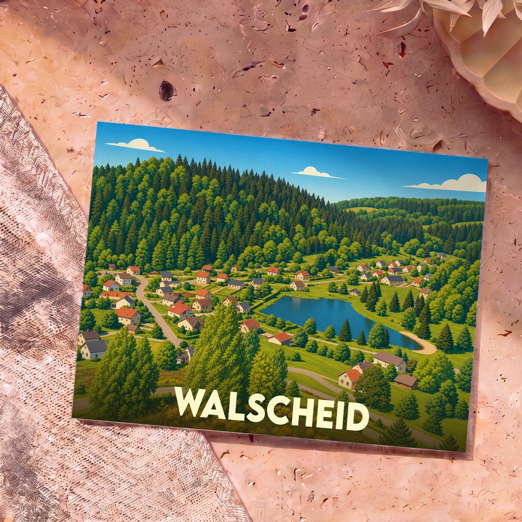 Carte postale souvenir de la ville de Walscheid avec une illustration stylisée de son paysage vallonné.