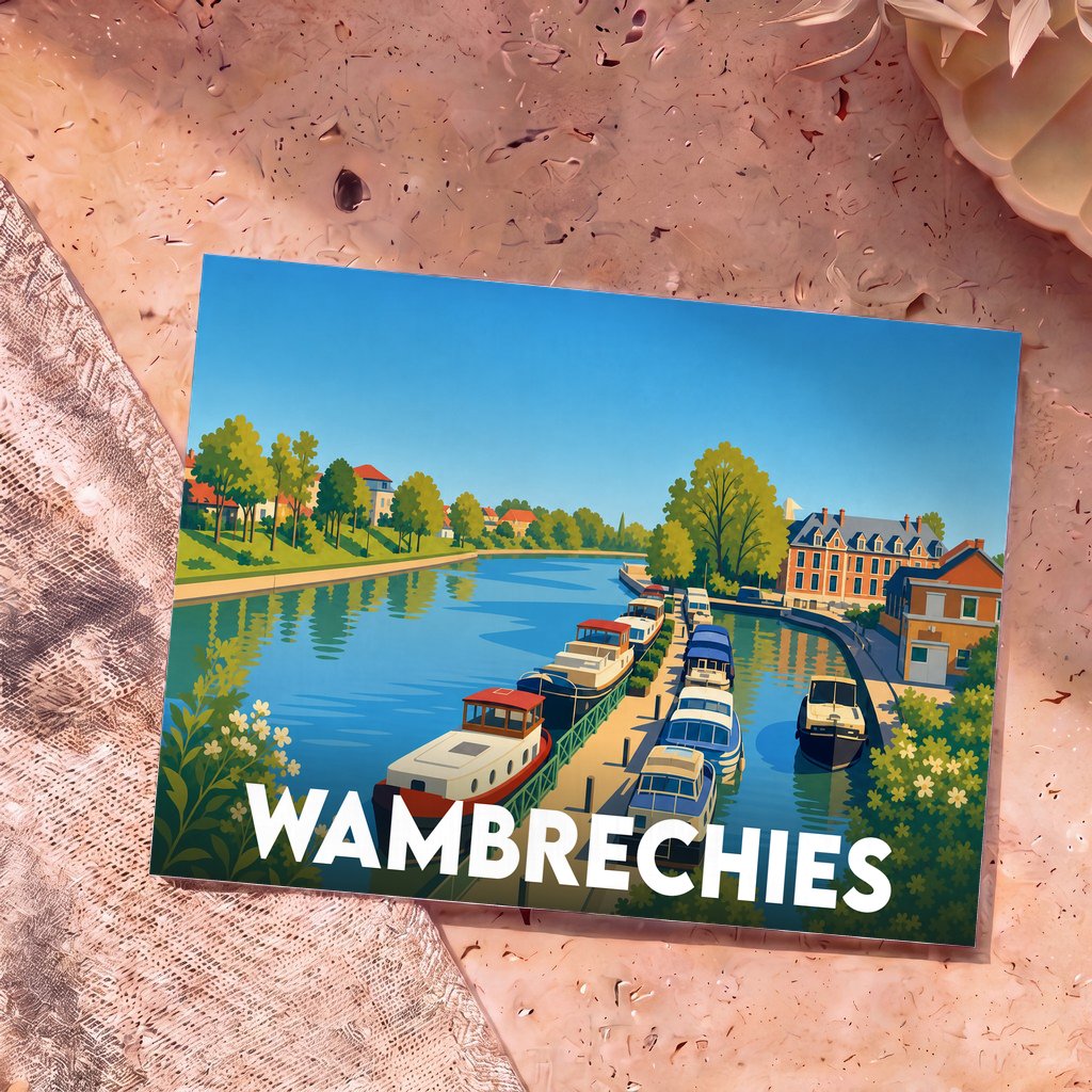 Carte postale souvenir de la ville de Wambrechies illustrant son port de plaisance dans un style graphique et coloré.