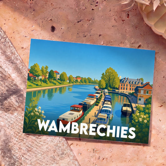 Carte postale souvenir de la ville de Wambrechies illustrant son port de plaisance dans un style graphique et coloré.