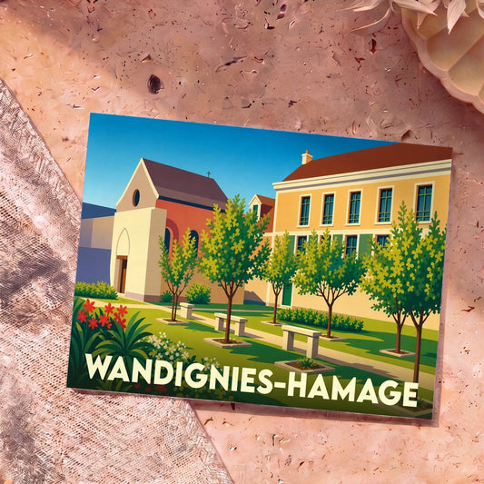 Carte postale souvenir de la ville de Wandignies-Hamage avec une illustration stylisée de ses bâtiments et jardins.