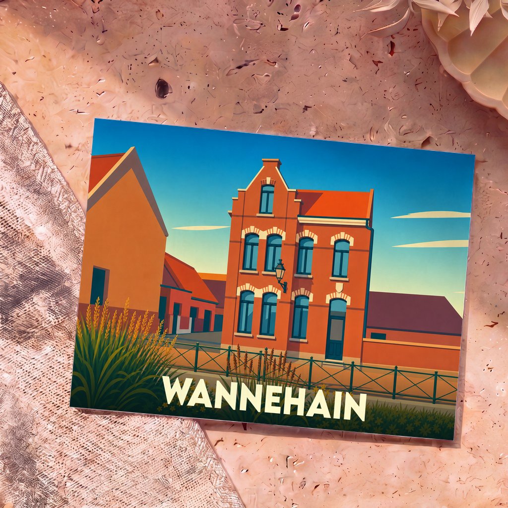 Carte postale souvenir de la ville de Wannehain avec une illustration stylisée de bâtiments traditionnels en briques.