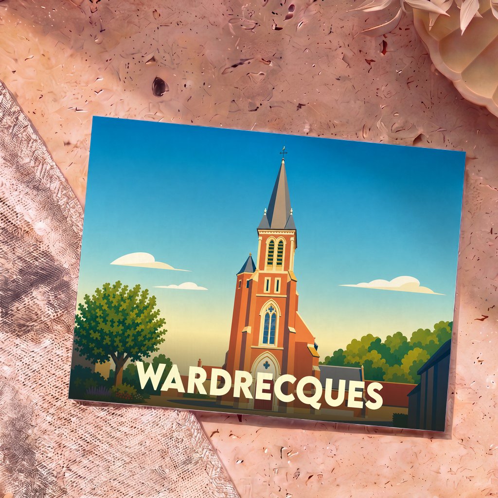 Carte postale souvenir de la ville de Wardrecques avec une illustration stylisée de son église.