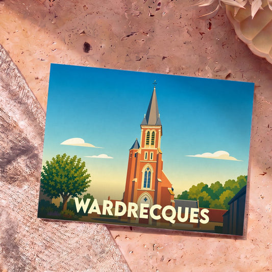 Carte postale souvenir de la ville de Wardrecques avec une illustration stylisée de son église.