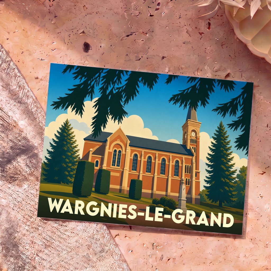 Carte postale souvenir de la ville de Wargnies-le-Grand avec une illustration stylisée de son église.