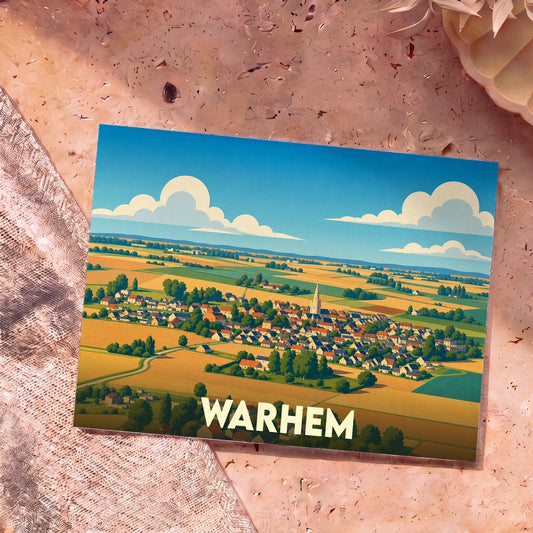 Carte postale souvenir de la ville de Warhem avec une illustration stylisée de ses paysages et de son église.