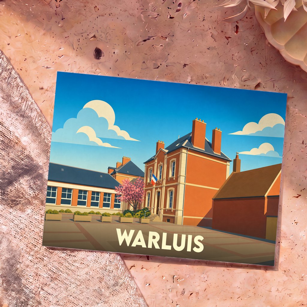 Carte postale souvenir de la ville de Warluis avec une illustration stylisée de son hôtel de ville.