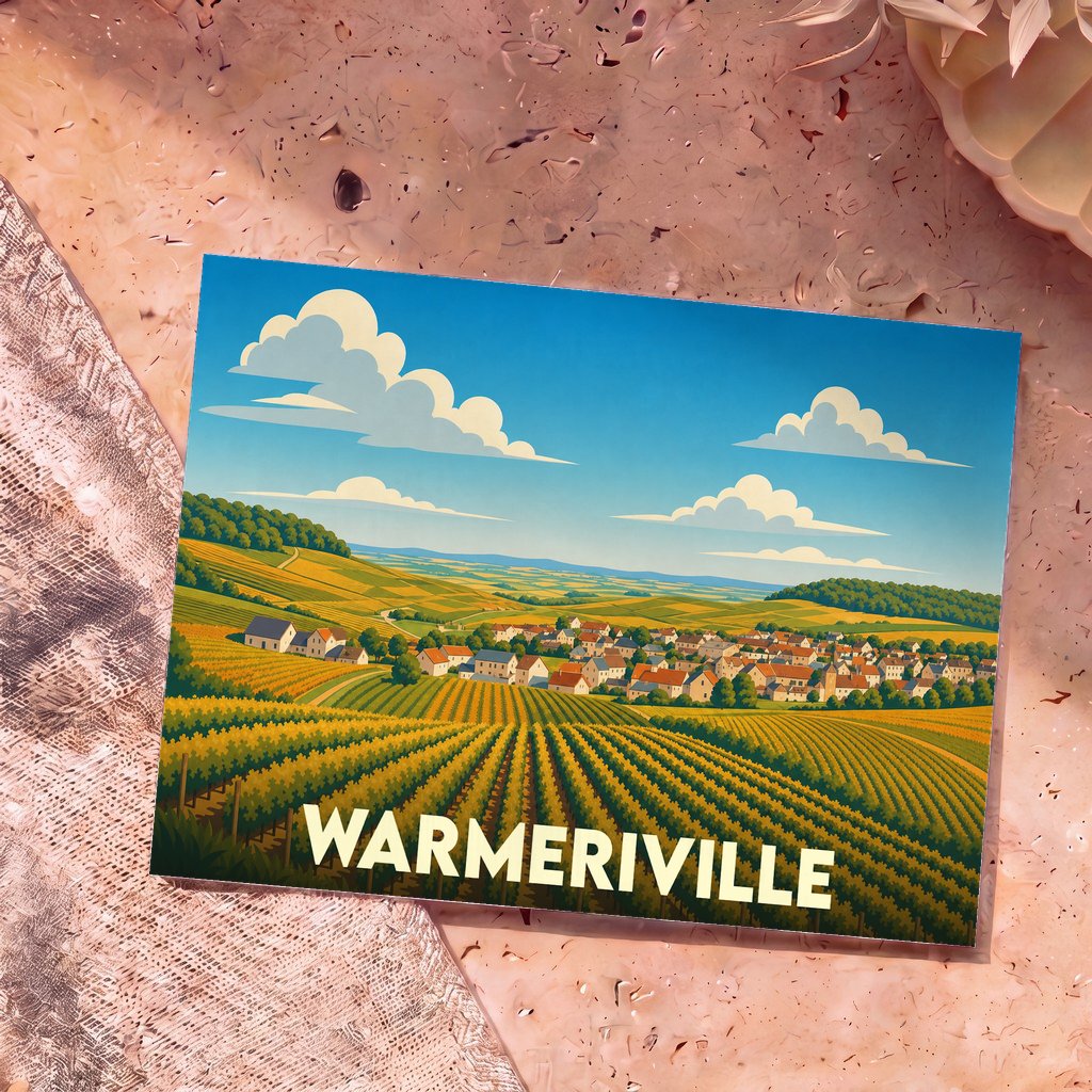Carte postale souvenir de la ville de Warmeriville illustrant un paysage de vignobles et de village dans un style graphique épuré.