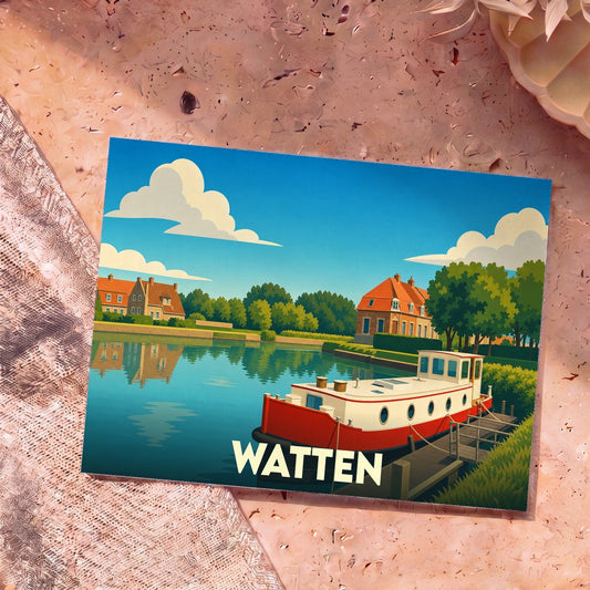 Carte postale souvenir de la ville de Watten avec une illustration stylisée d'une péniche sur un canal.