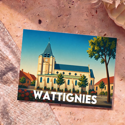 Carte postale souvenir de la ville de Wattignies avec une illustration stylisée de son église sous un ciel bleu.