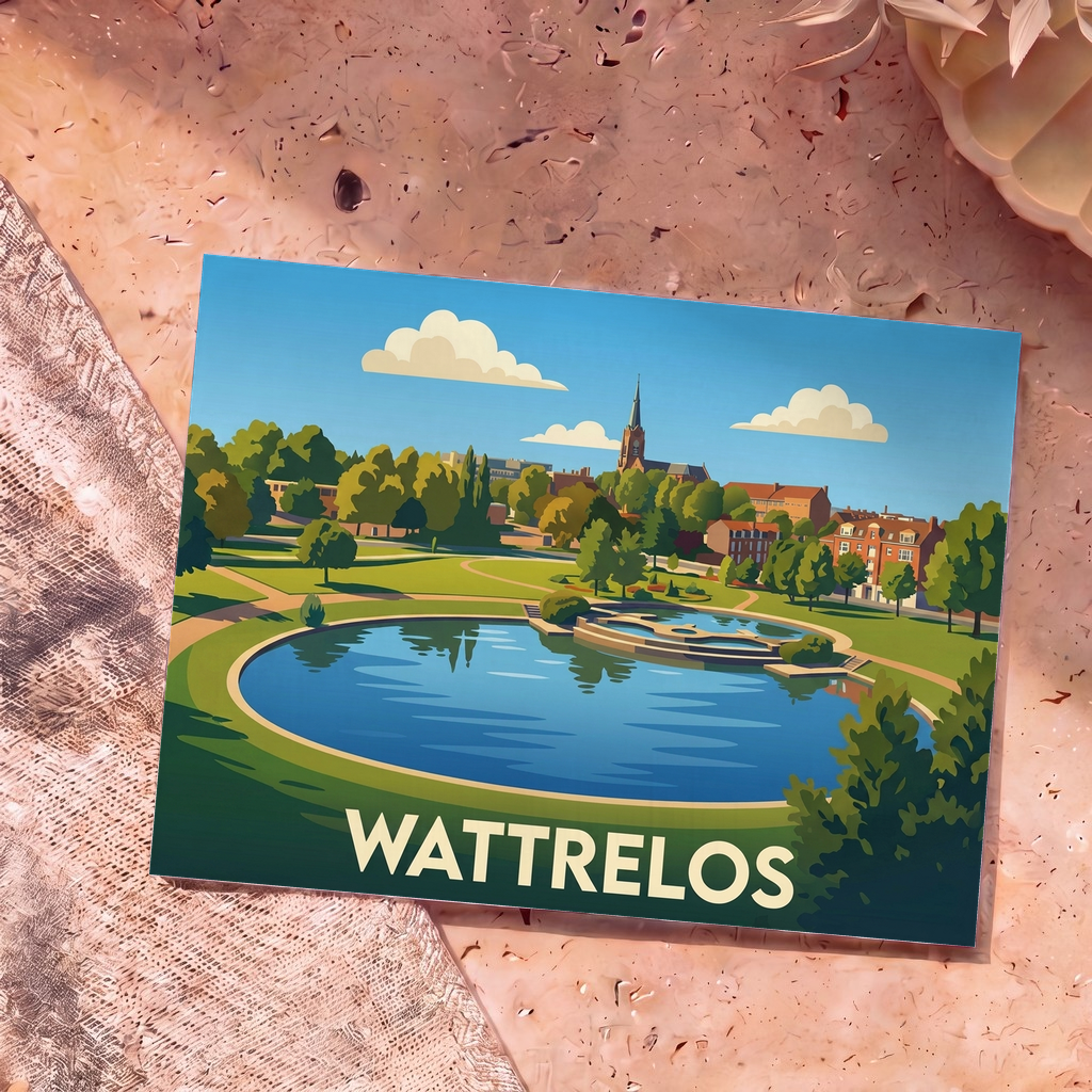 Carte postale souvenir de la ville de Wattrelos avec une illustration stylisée d'un parc avec son étang.