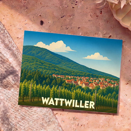 Carte postale souvenir de la ville de Wattwiller avec une illustration stylisée de son paysage montagneux et de ses vignobles.