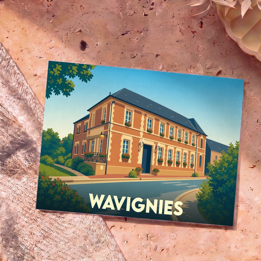 Carte postale souvenir de la ville de Wavignies avec une illustration stylisée d'un bâtiment fleuri.