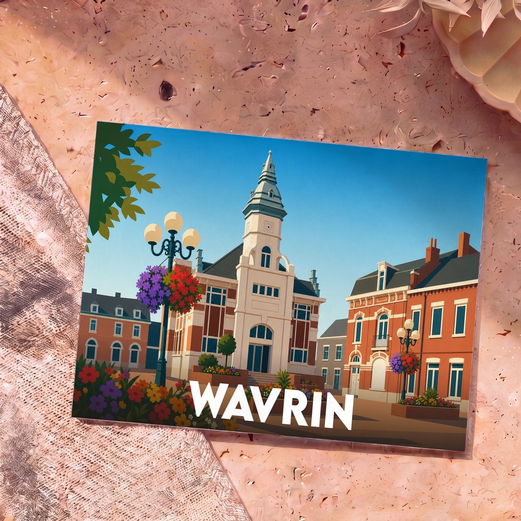 Carte postale souvenir de la ville de Wavrin avec une illustration stylisée de son architecture et de ses fleurs.