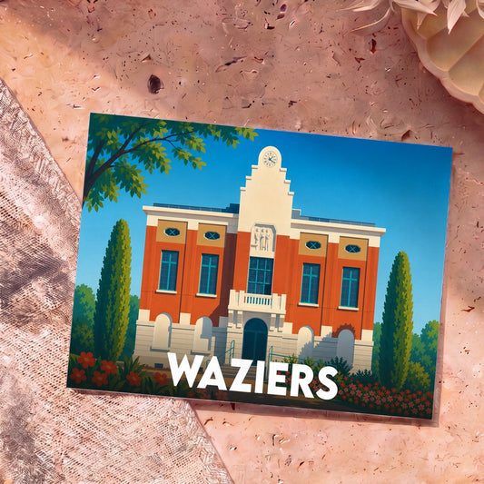 Carte postale souvenir de la ville de Waziers illustrant son hôtel de ville dans un style graphique épuré.