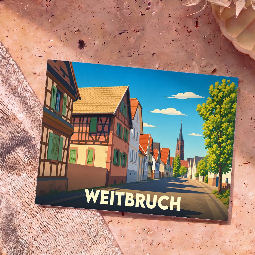 Carte postale souvenir de la ville de Weitbruch avec une illustration stylisée de ses maisons à colombages.