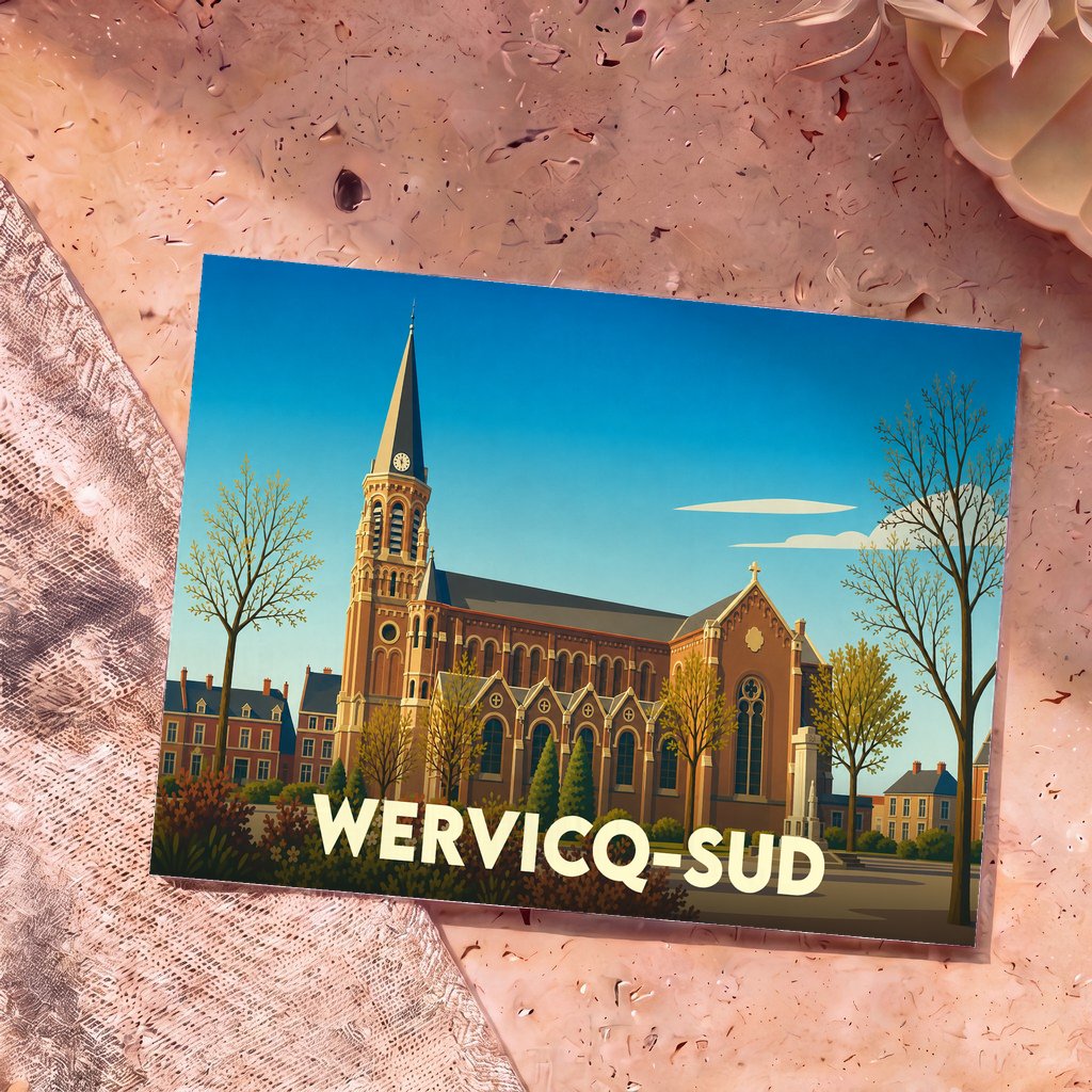 Carte postale souvenir de la ville de Wervicq-Sud avec une illustration stylisée de son église.