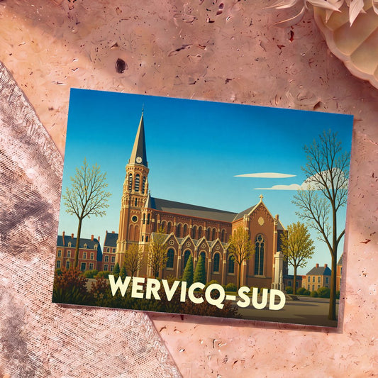 Carte postale souvenir de la ville de Wervicq-Sud avec une illustration stylisée de son église.