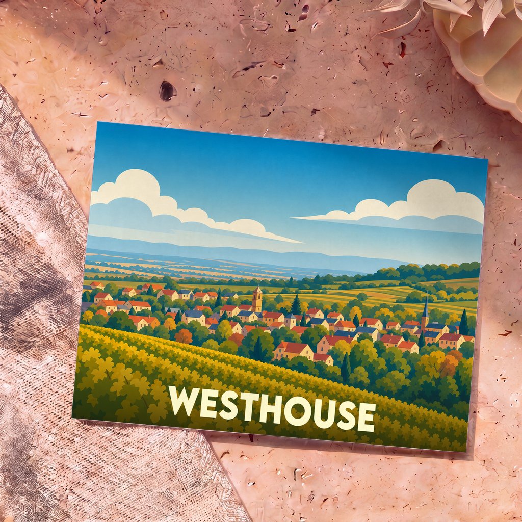 Carte postale souvenir de la ville de Westhouse avec une illustration stylisée de son paysage vallonné.