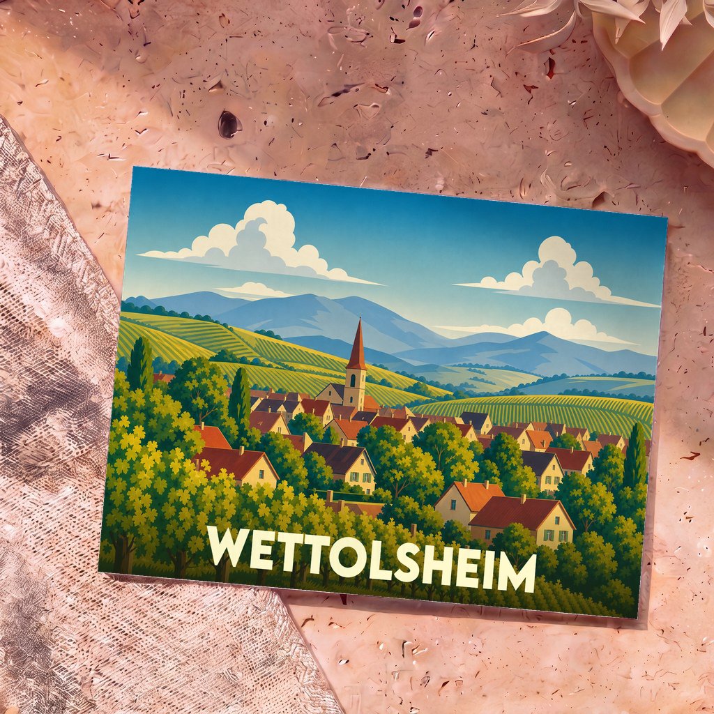Carte postale souvenir de la ville de Wettolsheim avec une illustration stylisée de son village et de ses vignobles.
