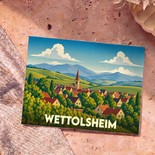 Carte postale souvenir de la ville de Wettolsheim avec une illustration stylisée de son village et de ses vignobles.