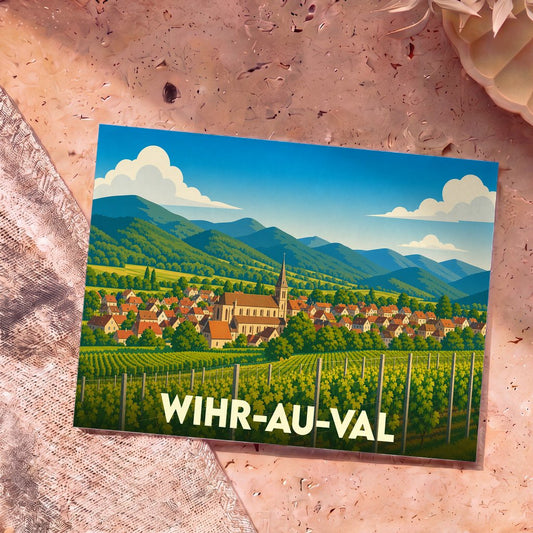 Carte postale souvenir de la ville de Wihr-au-Val avec une illustration stylisée de son village et de ses vignobles.