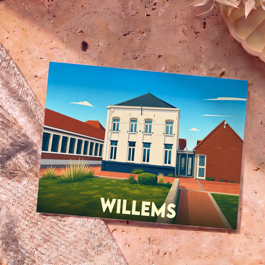 Carte postale souvenir de la ville de Willems avec une illustration stylisée de son architecture.