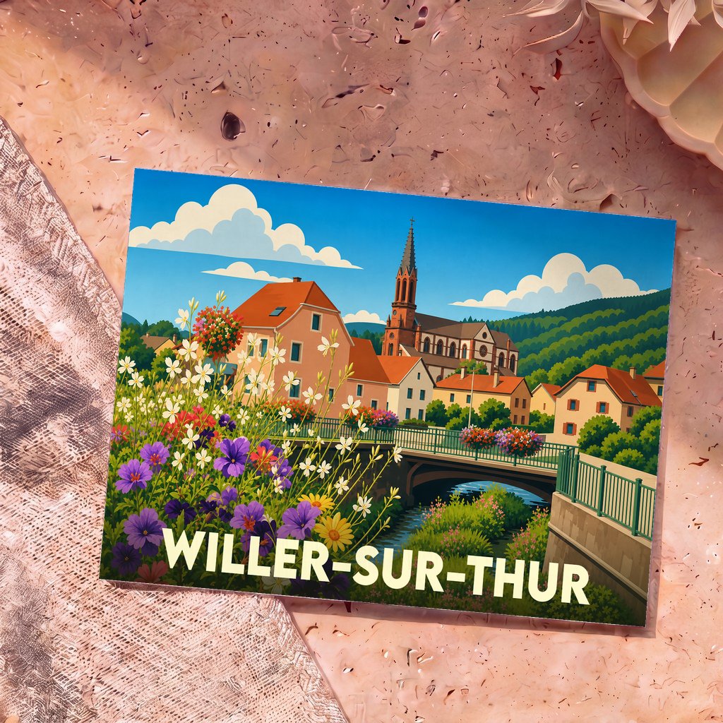 Carte postale souvenir de la ville de Willer-sur-Thur avec une illustration colorée et fleurie.