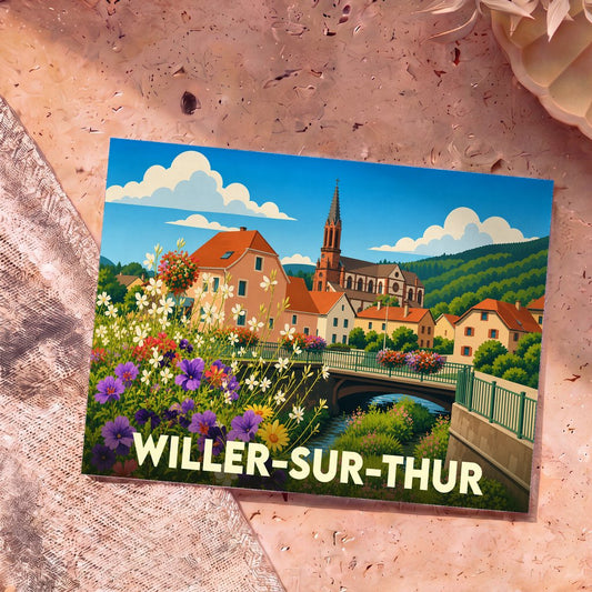 Carte postale souvenir de la ville de Willer-sur-Thur avec une illustration colorée et fleurie.