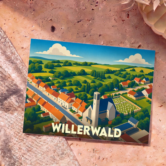 Carte postale souvenir de la ville de Willerwald avec une illustration stylisée et colorée du village vu du ciel.