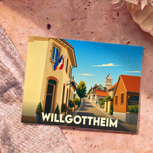 Carte postale souvenir de la ville de Willgottheim avec une illustration stylisée d'une rue pittoresque.