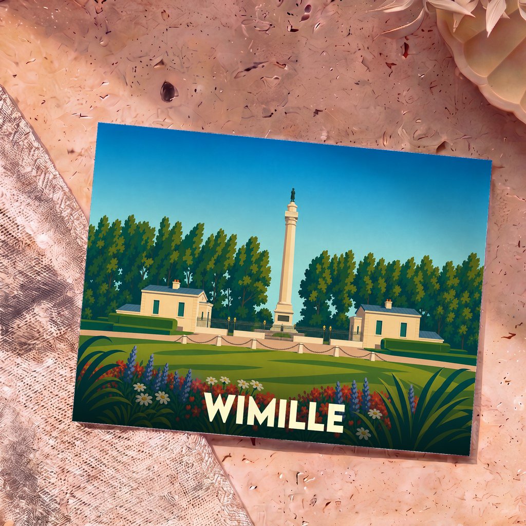 Carte postale souvenir de la ville de Wimille avec une illustration stylisée de la Colonne de la Grande Armée.