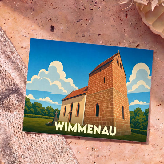 Carte postale souvenir de la ville de Wimmenau avec une illustration stylisée de son église sous un ciel azur.